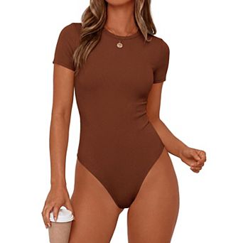 Womens Short Sleeve Ribbed Knit Bodysuit Slim Fit Casual Layering Top