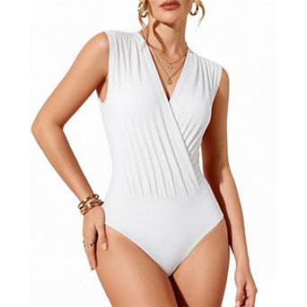 Women's Wrap V Neck Ruched Sleeveless Double Lined Thong Bodysuit