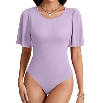 Women's Round Neck Short Sleeve Slim Fit Bodysuit Top with Flounce Sleeves