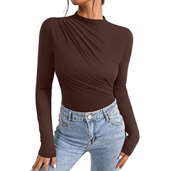 Womens Mock Neck Long Sleeve Ruched Bodysuit Slim Fit Lay Going Out Tops