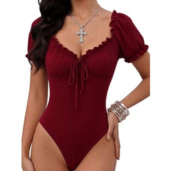 Womens Rib Knit Ruffle Trim Sweetheart Neck Puff Sleeve Bodysuit