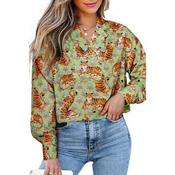 Womens Blouses Tiger and Floral Print Collared V Neck Long Sleeve Shirt Casual Animal Print Top