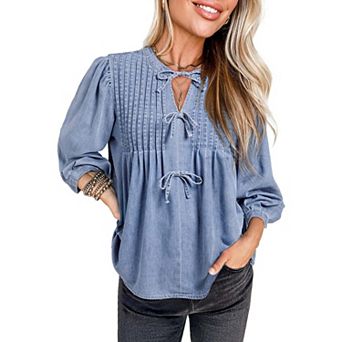 Womens Blouses Chambray Denim Top with Bow Tie Front Pintuck Bust and Puff Bracelet Sleeves