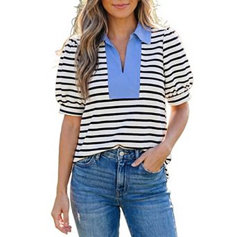 Womens Blouses Striped Puff Sleeve Top with Color Block Polo Collar V Neck Short Sleeve Shirt