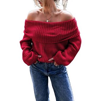 Womens Off the Shoulder Sweater Slouchy Foldover Knit with Ribbed Cuffs