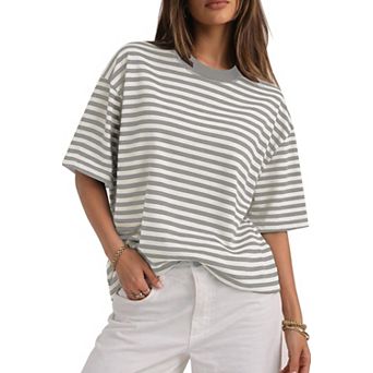 Womens Oversized Striped Short Sleeve Crewneck Casual Tops