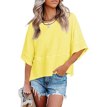Women's Summer Casual Loose Fit 3/4 Sleeve Crewneck Cotton Blend Tops