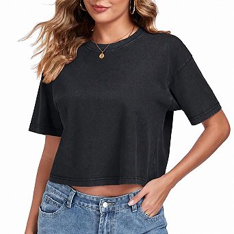 Womens Acid Wash Crop Tops Short Sleeve Casual Summer Tees
