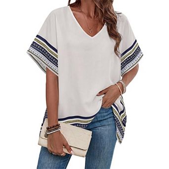Womens Batwing Short Sleeve V Neck Loose Boho Casual Summer Blouse