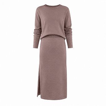 Womens 2 pc Knit Matching Outfit Crew Neck Long Sleeve Top Midi Skirt Fall Winter Casual Wear