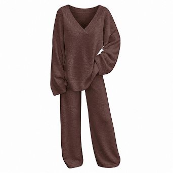 Womens 2 pc Fleece Loungewear Set Long Sleeve V Neck Warm Cozy Pajamas