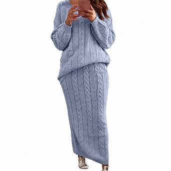 Womens 2 pc Winter Chunky Cable Knit Long Skirt Outfit Set