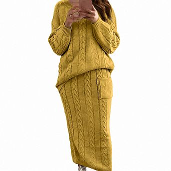 Womens 2 pc Winter Chunky Cable Knit Long Skirt Outfit Set