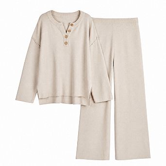 Womens 2 pc Oversized Knit Loungewear Set Drop Shoulder Henley Top Wide Leg Pants