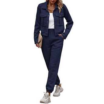 Womens 2 pc Waffle Knit Lounge Set Long Sleeve Shacket Elastic Waist Pants Casual Fall Outfits