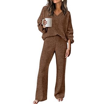 Womens 2 pc Cozy Lounge Set Soft V Neck Wide Leg Pant With Pockets For Travel Office