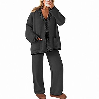 Womens 2 pc Knit Lounge Set V Neck Button Down Cardigan Wide Leg Pants Cozy Outfit