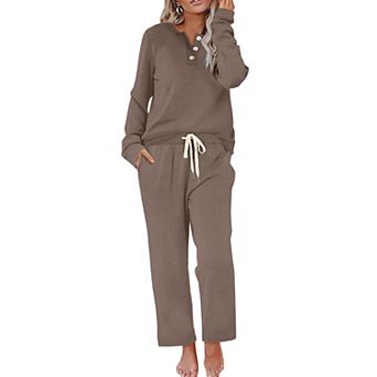 Womens 2 pc Lounge Sets Button Down Henley Tops Wide Leg Pants With Pockets