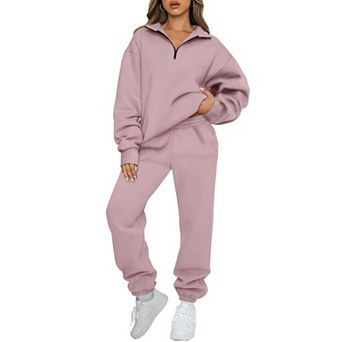 Womens 2 pc Fleece Lined Half Zip Lounge Set Cozy Fall Winter Casual Wear
