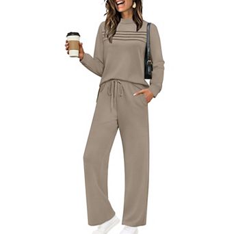 Womens 2 pc Long Sleeve Lounge Set Pleated Wide Leg Pants Casual Outfits