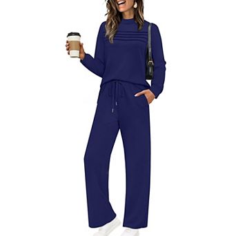 Womens 2 pc Long Sleeve Lounge Set Pleated Wide Leg Pants Casual Outfits