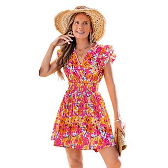 Women's Cupshe Floral V-Neck Ruffle Sleeve Smocked Mini Dress