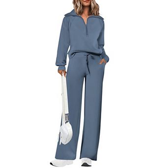 Womens 2 pc Lounge Set Half Zip Pullover Wide Leg Pants With Pockets
