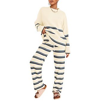 Womens 2 pc Striped Knit Loungewear Set Oversized Athleisure Outfits