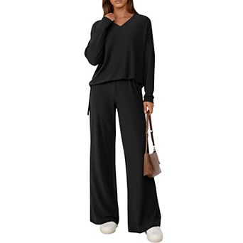 Womens 2 pc Lounge Set Knit Wide Leg Pant Fall Travel Outfit