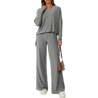Womens 2 pc Lounge Set Knit Wide Leg Pant Fall Travel Outfit