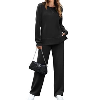Womens 2 pc Wide Leg Lounge Set Crewneck Tracksuit Travel Outfit