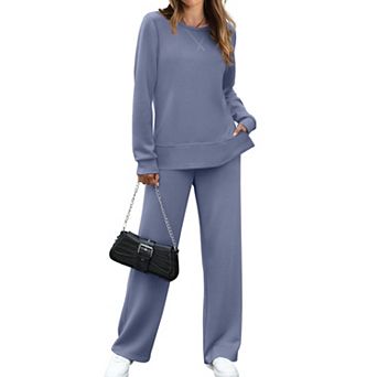 Womens 2 pc Wide Leg Lounge Set Crewneck Tracksuit Travel Outfit