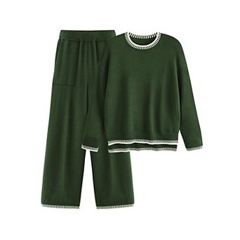 Womens 2 pc Knitted Loungewear Set Long Sleeve Wide Leg Pants Tracksuit