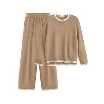 Womens 2 pc Knitted Loungewear Set Long Sleeve Wide Leg Pants Tracksuit