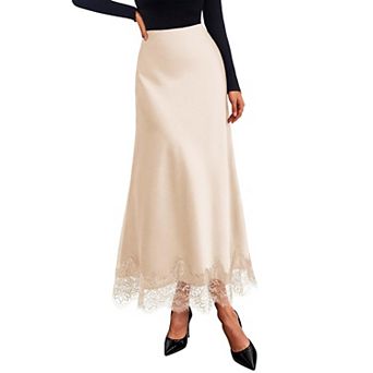Women Satin Lace Trim High Waist A Line Flowy Maxi Skirt Casual Formal Wear