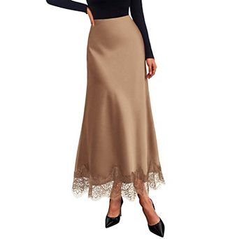 Women Satin Lace Trim High Waist A Line Flowy Maxi Skirt Casual Formal Wear