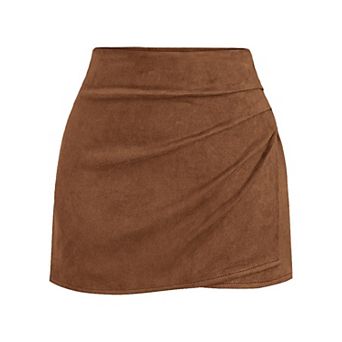 Faux Suede Ruched Wrap Skorts Elastic High Waisted Skirt With Shorts Underneath