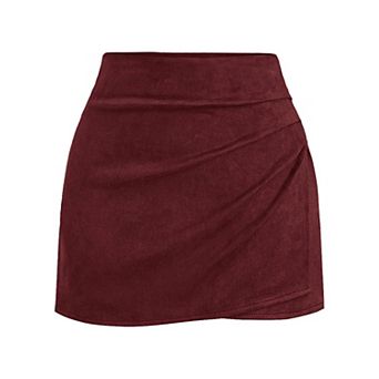 Faux Suede Ruched Wrap Skorts Elastic High Waisted Skirt With Shorts Underneath