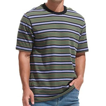 Men's Loose Fit Crewneck Striped Cotton Spandex T Shirt