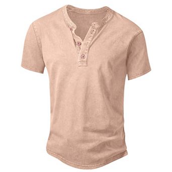 Mens Distressed Henley Shirts Short Sleeve Washed Slim Fit Casual Tee