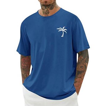 Loose Fit Crew Neck Palm Tree Graphic Summer Cotton Blend Tee Shirts