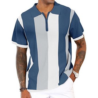 Men Striped Knit Polo Shirts Short Sleeve Slim Fit Golf Casual Tops