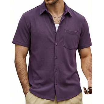 Mens Casual Waffle Short Sleeve Shirt Collared Pocket Summer Casual Wear