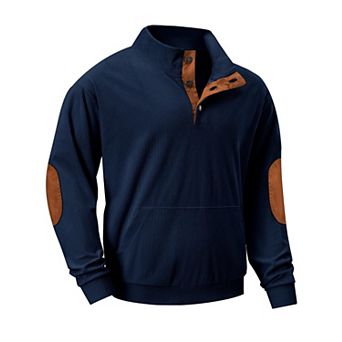 Men's Corduroy Pullover Stand Collar Long Sleeve Suede Patch Pockets