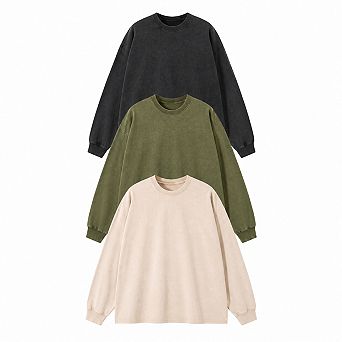 Men's Oversized Long Sleeve Acid Wash Crewneck Cotton Tee Shirts