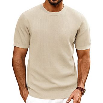 Mens Crewneck Textured Knit T Shirt Breathable Soft Stretchy Casual Wear