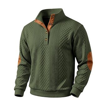Men's Casual Long Sleeve Stand Collar Quarter Button Sweatshirt With Elbow Patches