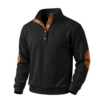 Men's Casual Long Sleeve Stand Collar Quarter Button Sweatshirt With Elbow Patches