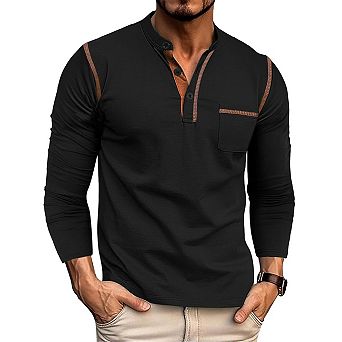Men's Long Sleeve Henley Shirt Soft Breathable Casual Top Pullover