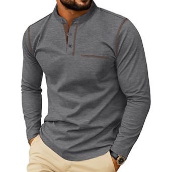 Men's Long Sleeve Henley Shirt Soft Stretchy Cotton Casual Pullover With Pocket